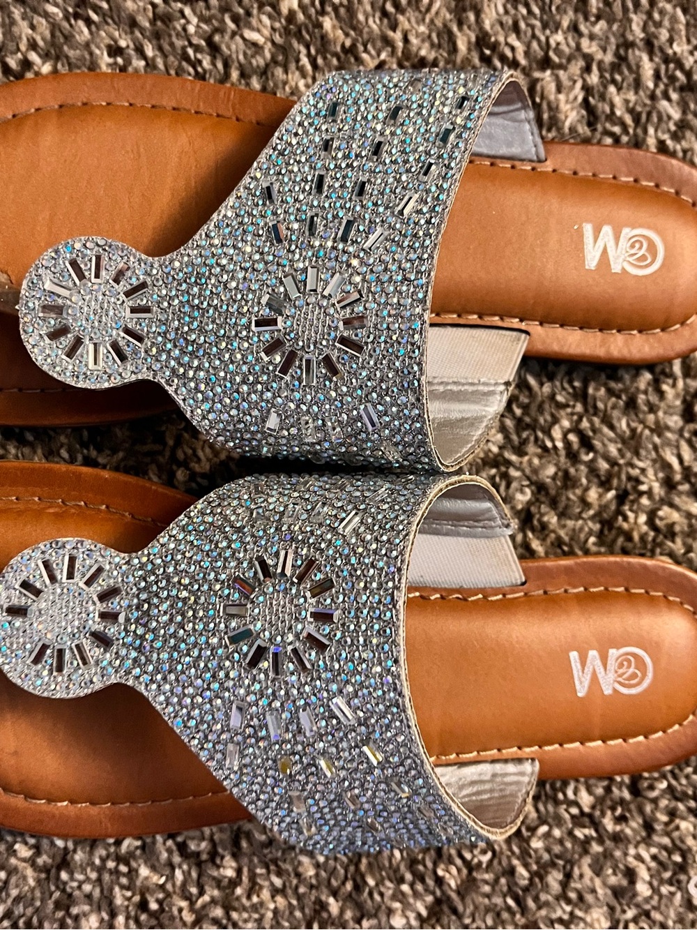 Embellished Silver Slide Sandals with Sunburst Crystal Motif